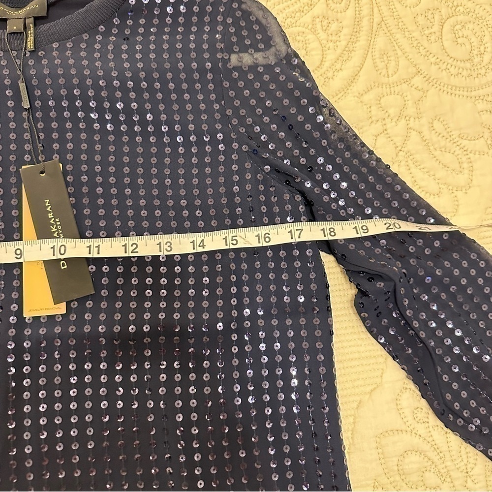 NWT Donna Karan sequin long sleeve blouse sheer sleeves in indigo sunset, S - Picture 11 of 13